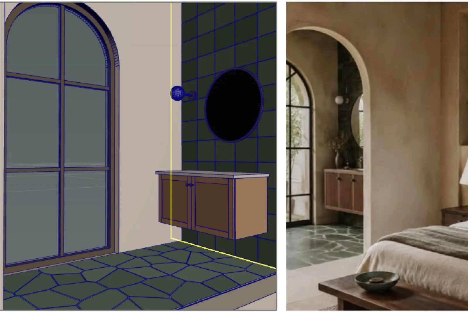 AI model of a bathroom with arched window and tiled wall next to the reference photo of the same bathroom