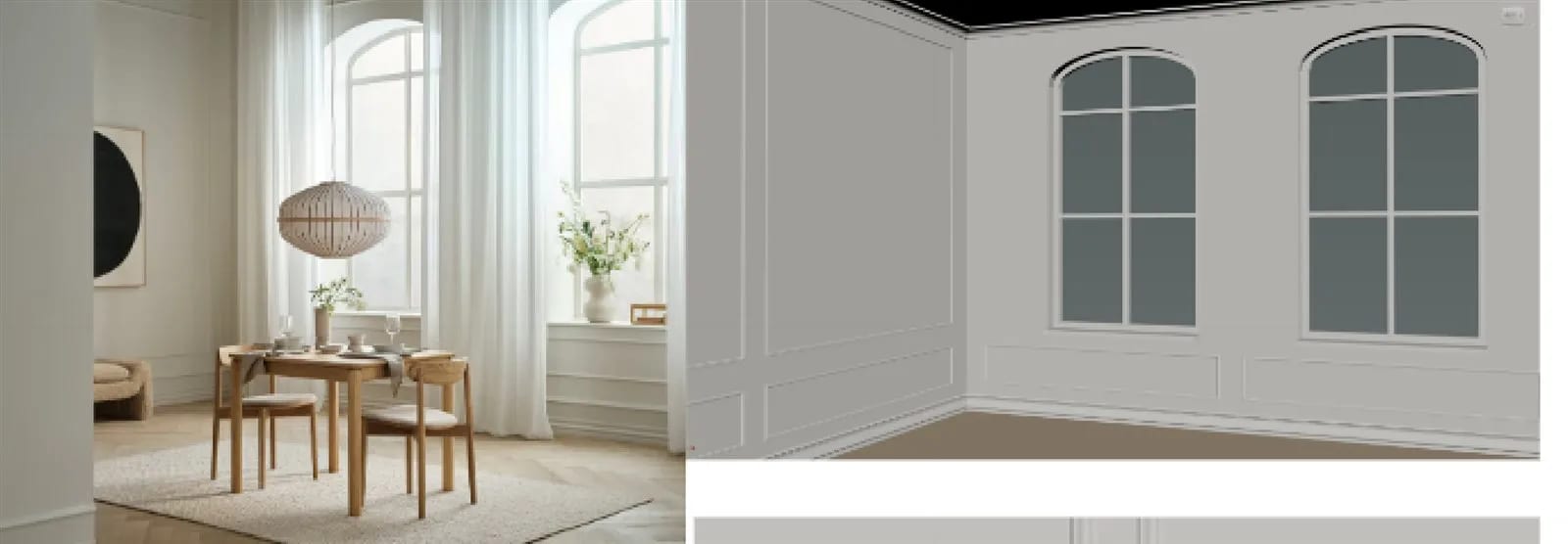 Reference photo of a dining room with arched windows next to the AI model of the window wall and panelling