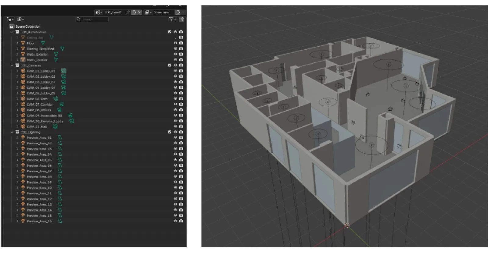 First pass of an office floor plan turned into a 3D model, with the scene outline listing walls and eleven cameras