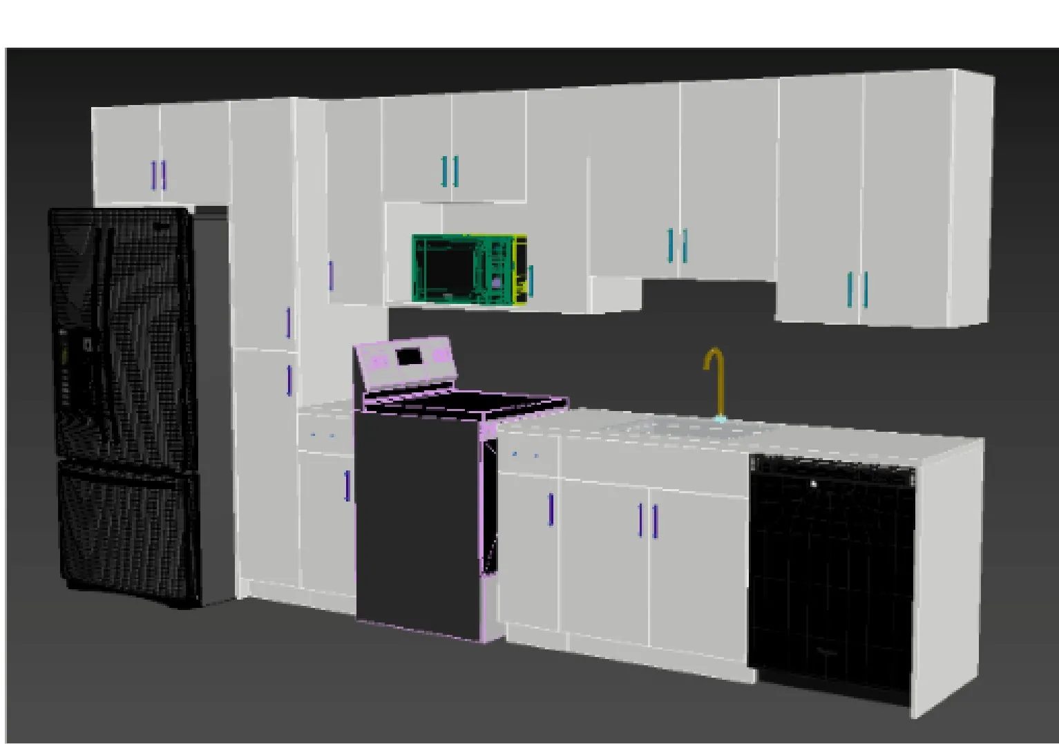 AI-placed kitchen with cabinets matching the drawings and the range highlighted, turned the wrong way