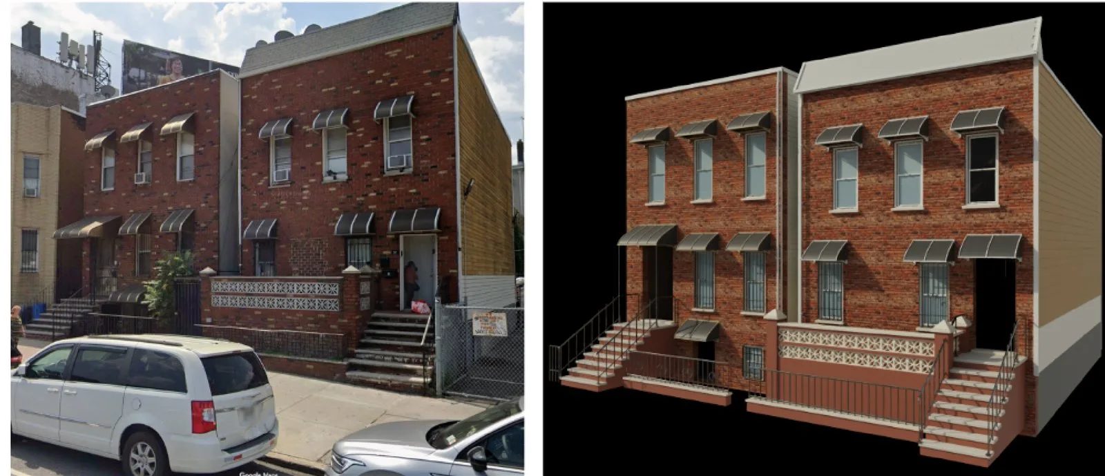 Google Street View capture of a two-unit brick rowhouse next to the AI model with awnings, stoop and railings