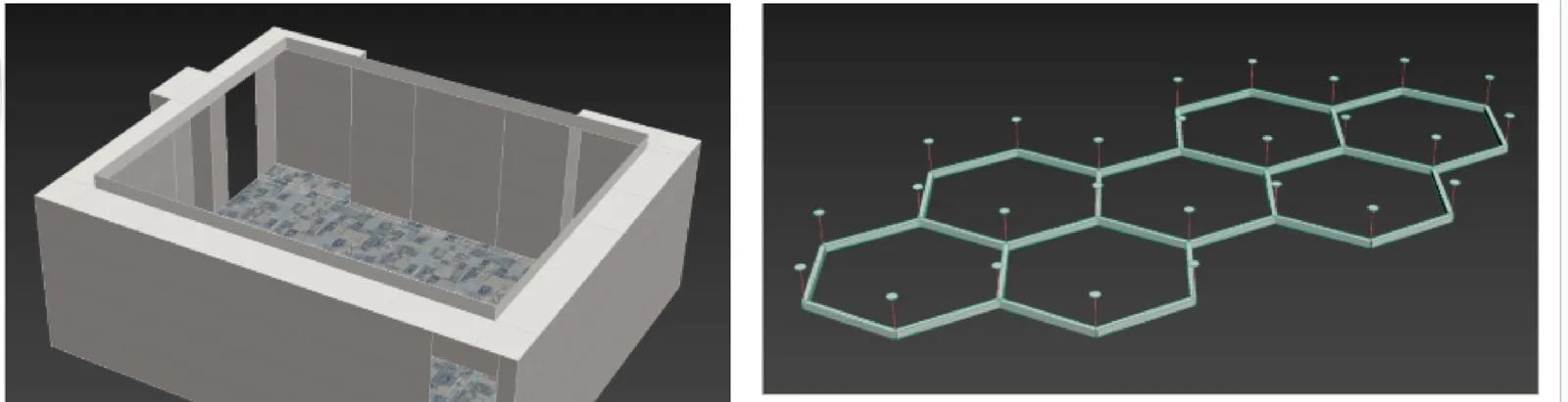 AI-built hotel meeting room from Matterport screenshots next to its hexagonal ceiling light geometry