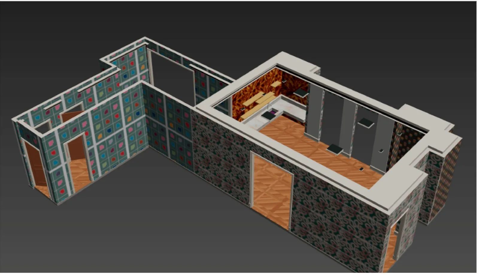 AI-built walls, floor and ceiling of a paneled hall with patterned wall materials from the ceiling plan and site photos