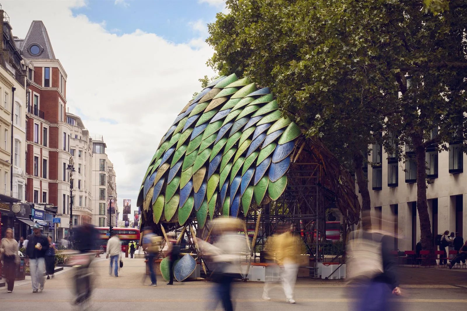 The Pangolin Shield pavilion on a London street during London Design Festival