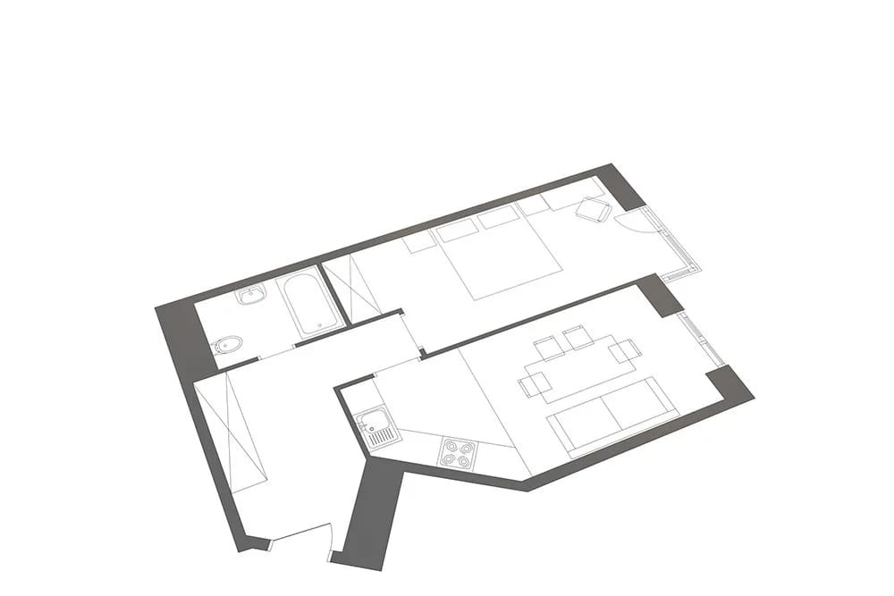 2D floor plan drawing of a one-bedroom apartment, the source file for a 3D floor plan rendering