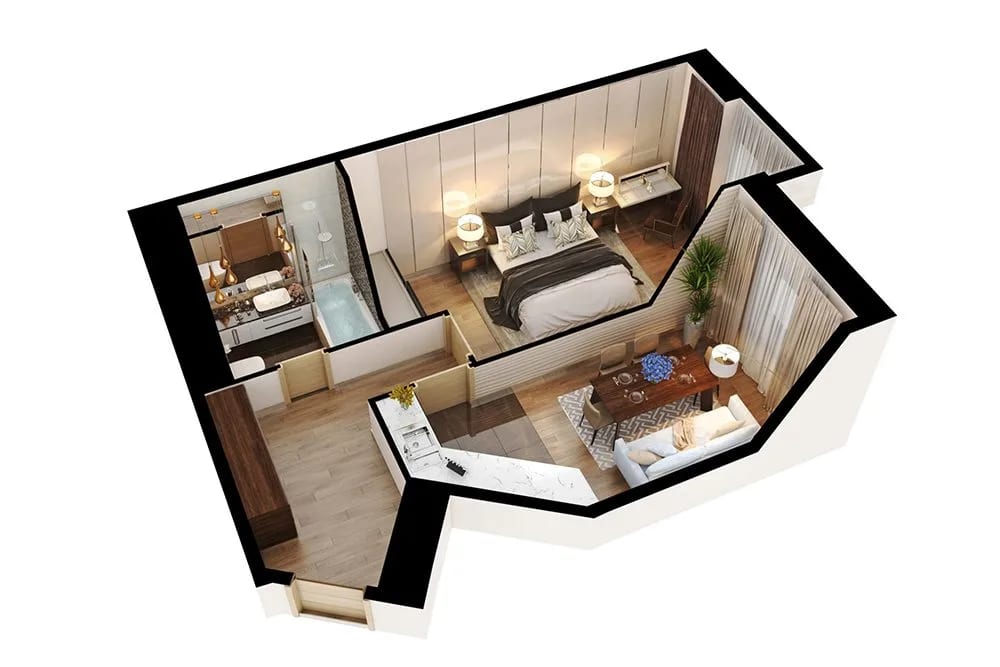 3D floor plan rendering of the same one-bedroom apartment made from the 2D drawing: furnished bedroom, bathroom, kitchen and living area