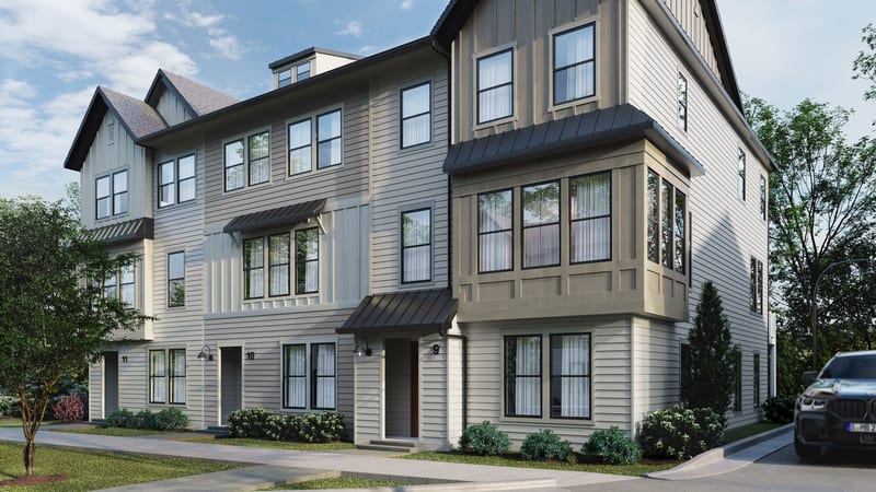 Close-up 3D exterior rendering of one townhome front with its facade materials and entrance details
