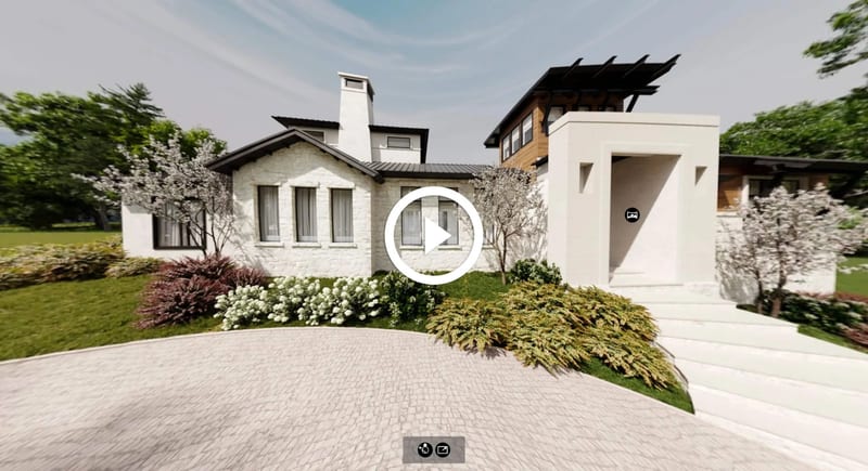 3D virtual tour of a Vacasa rental house: exterior with a covered porch and landscaped drive
