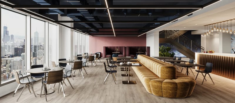 Architectural visualization: interior render of an office lounge