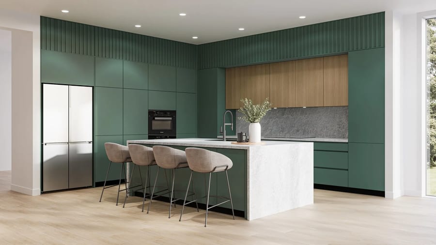 3D interior rendering of the same green kitchen with fluted cabinetry, oak accents and a stone waterfall island
