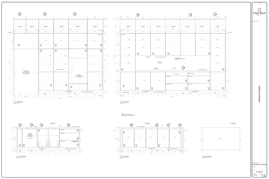 Cabinet elevation drawings for the green kitchen with fluted doors, built-in appliances and a wood accent zone