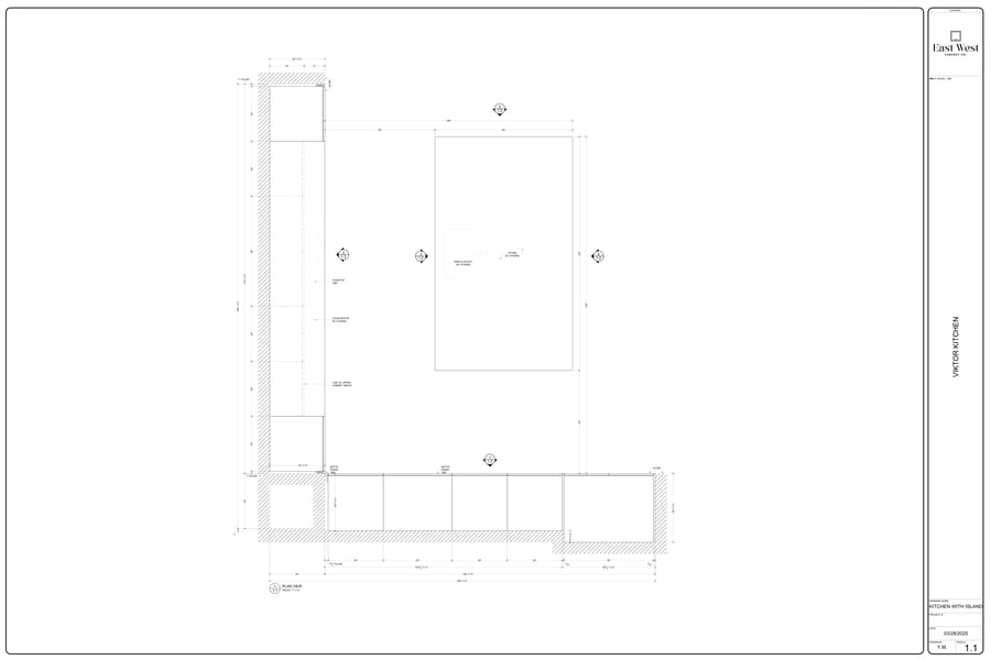 Kitchen floor plan with island layout and cabinet dimensions for a modern green kitchen
