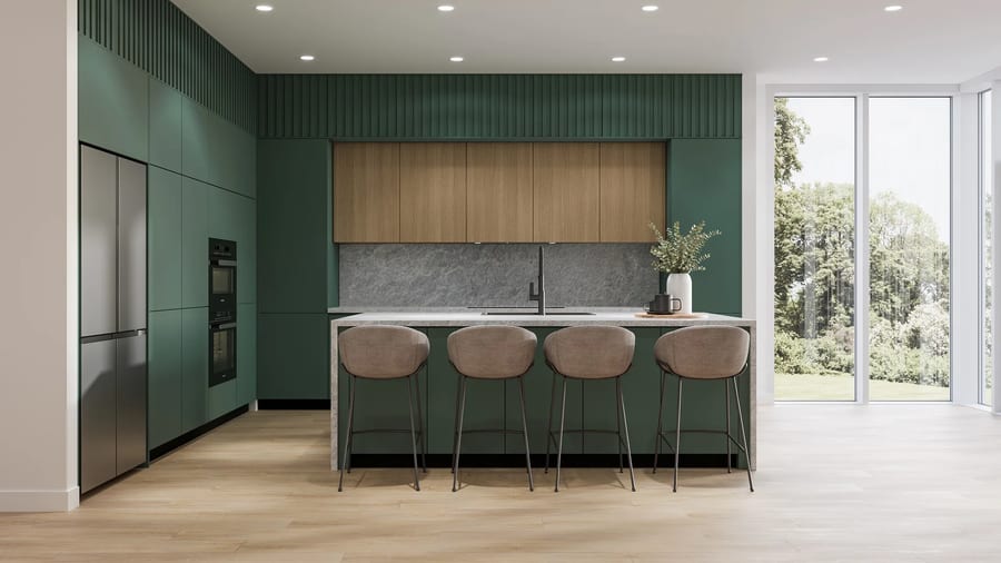 Second 3D render of the same green kitchen showing the oak upper cabinets, stone backsplash and breakfast bar