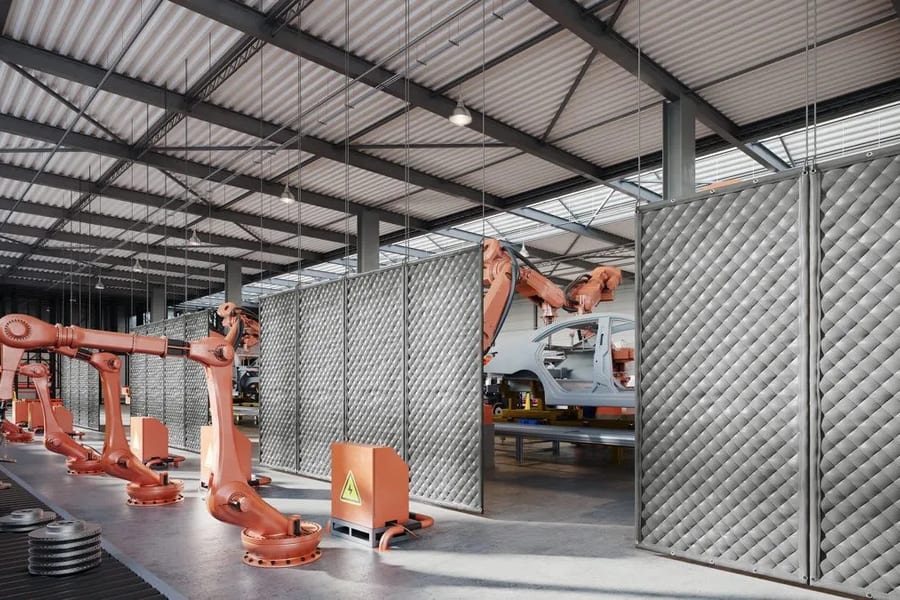 Automotive robotic assembly cell 3D rendering
