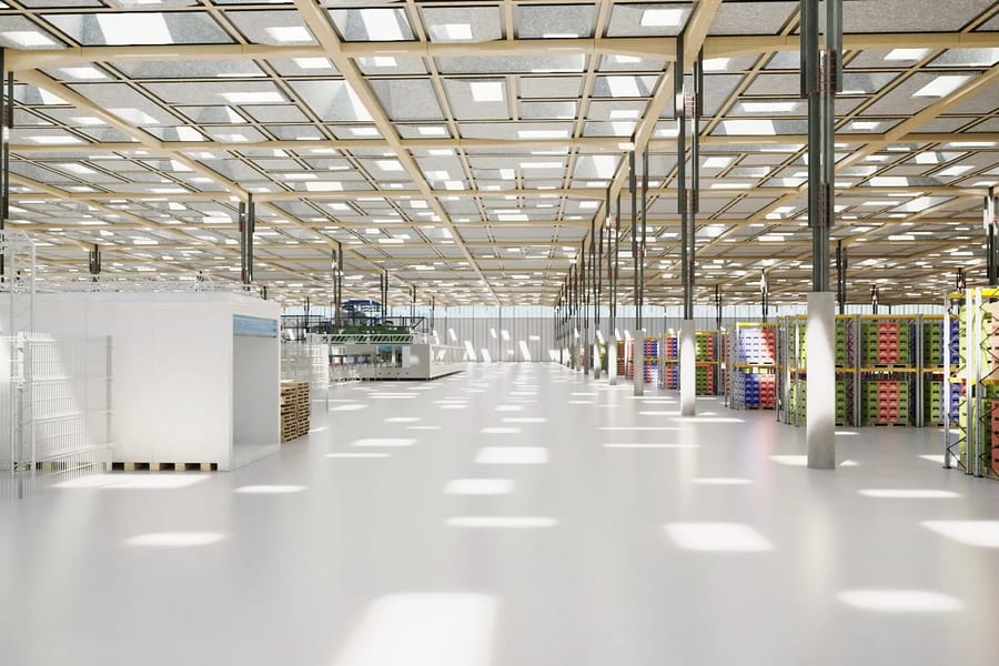 High-bay warehouse 3D rendering