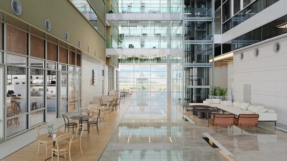 3D interior visualization of a glass atrium lobby with a cafe
