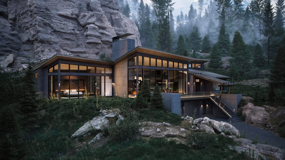 3D architectural rendering of a mountain home exterior