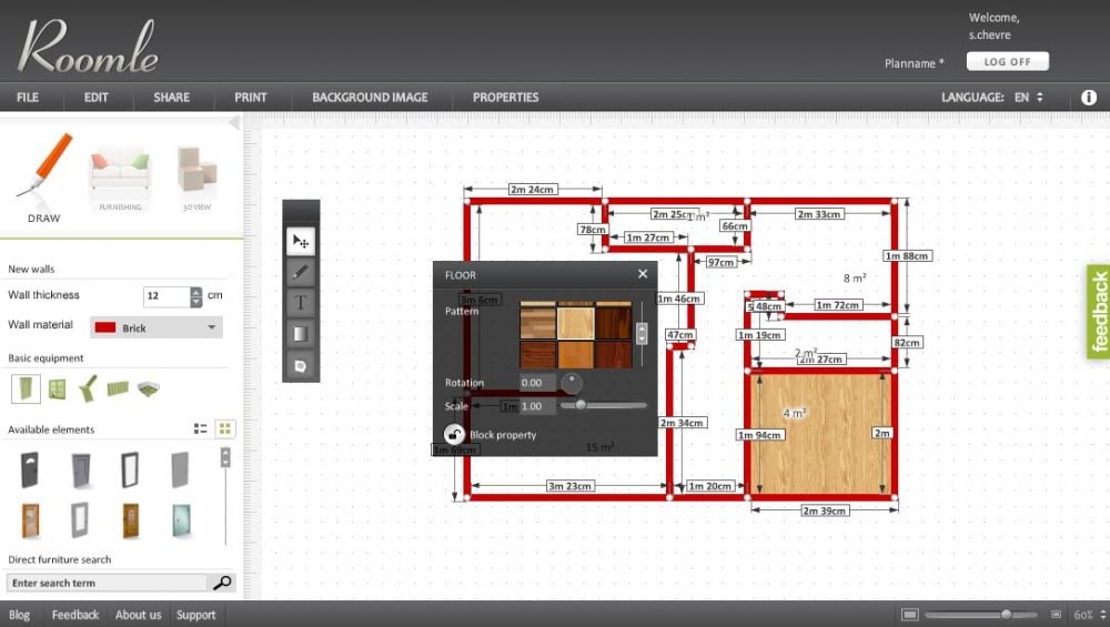 Tool for floor plan: Roomle