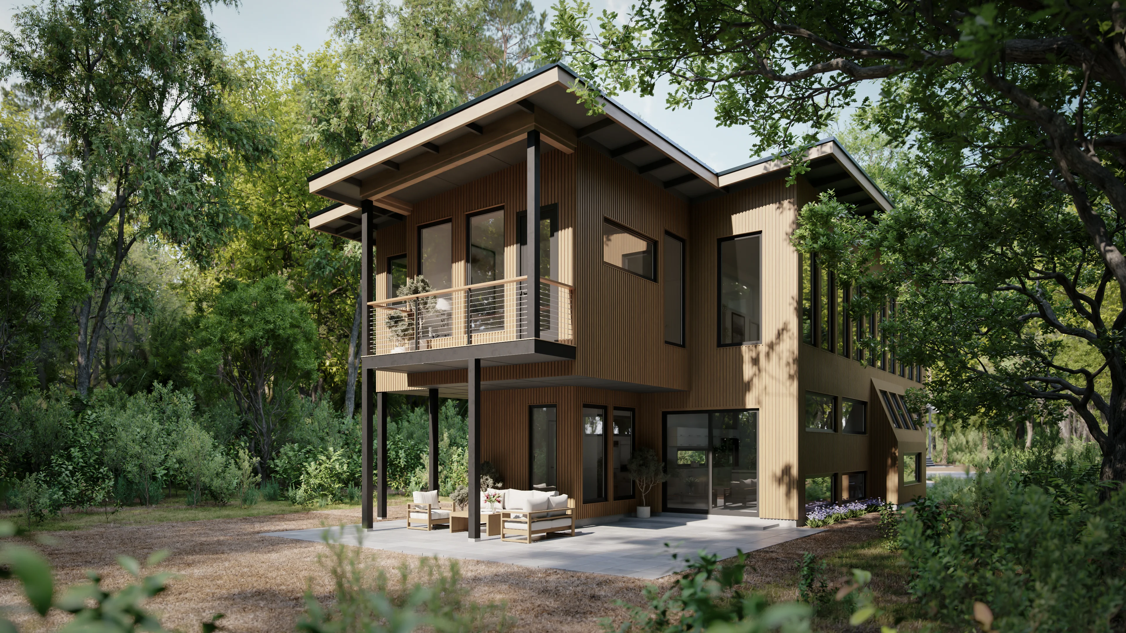 3D visualization of a modern two-story house with wooden facade, large windows, and outdoor seating area