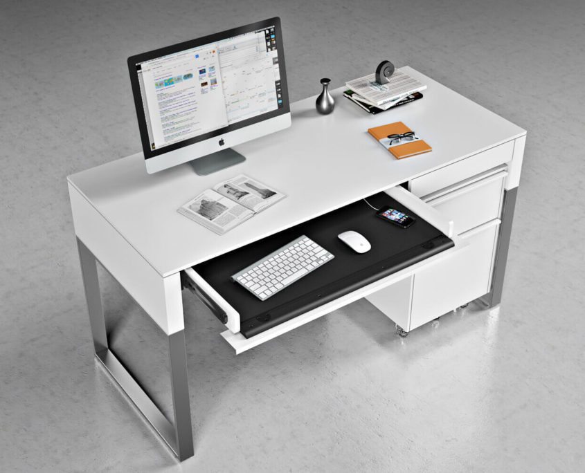 Stylish Desk On A Glossy White Floor. Ambiance For Furniture Photography And Visualization