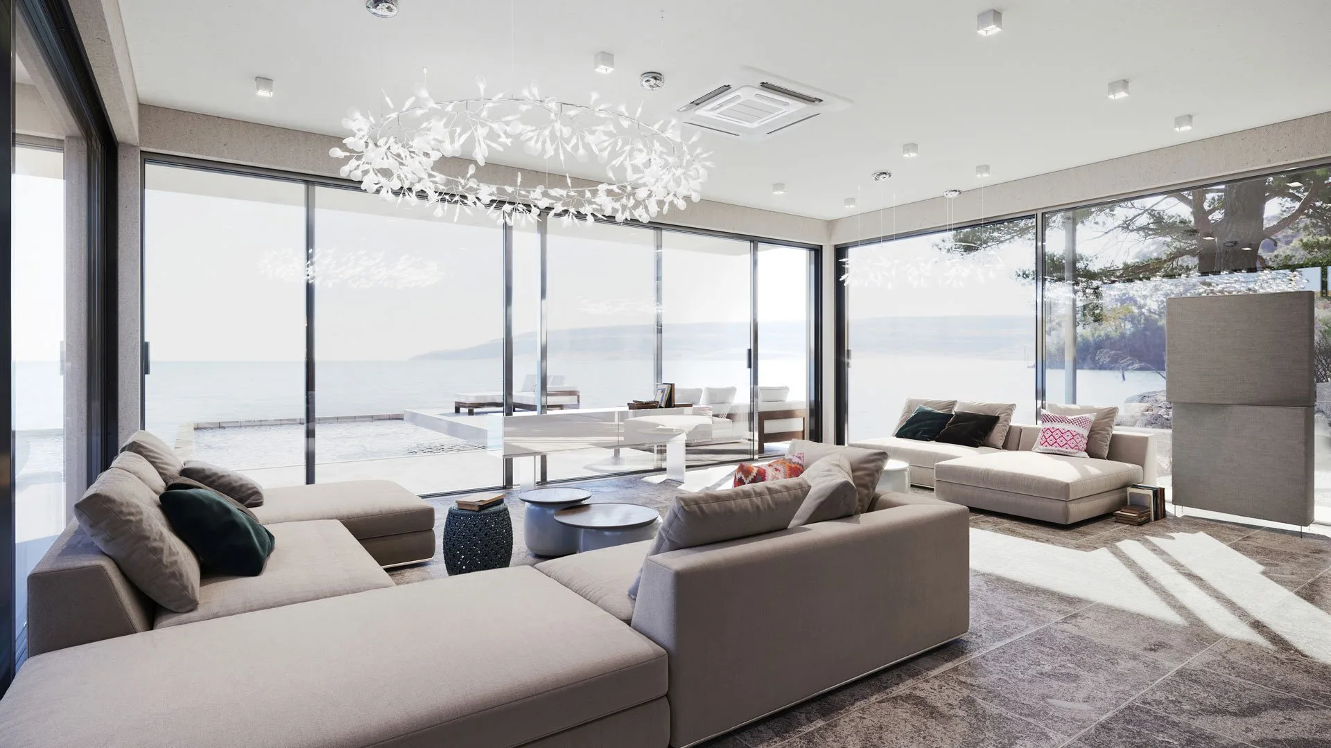 3D visualization of a spacious villa living room with panoramic sea view and minimalist sofas