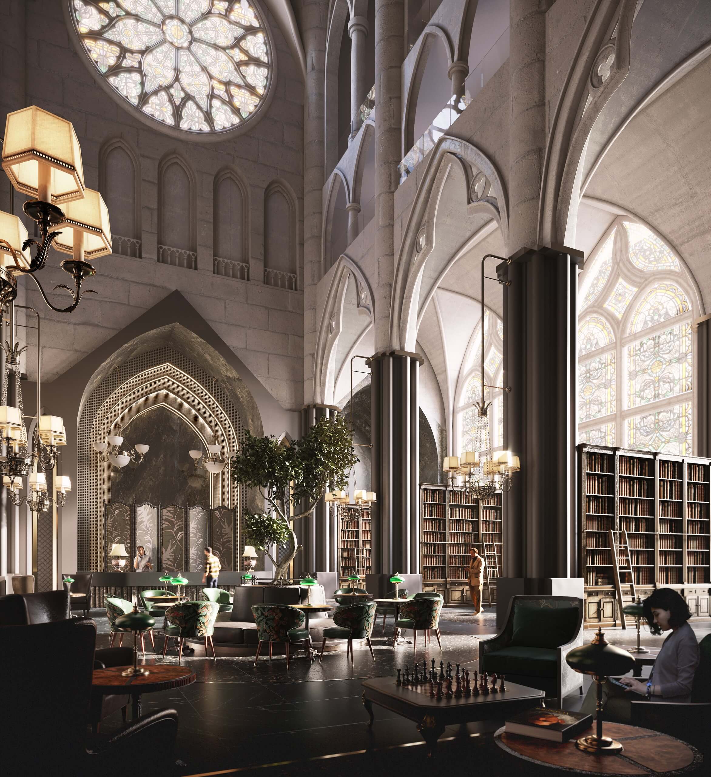 Library with Books for Architects 3D Rendering