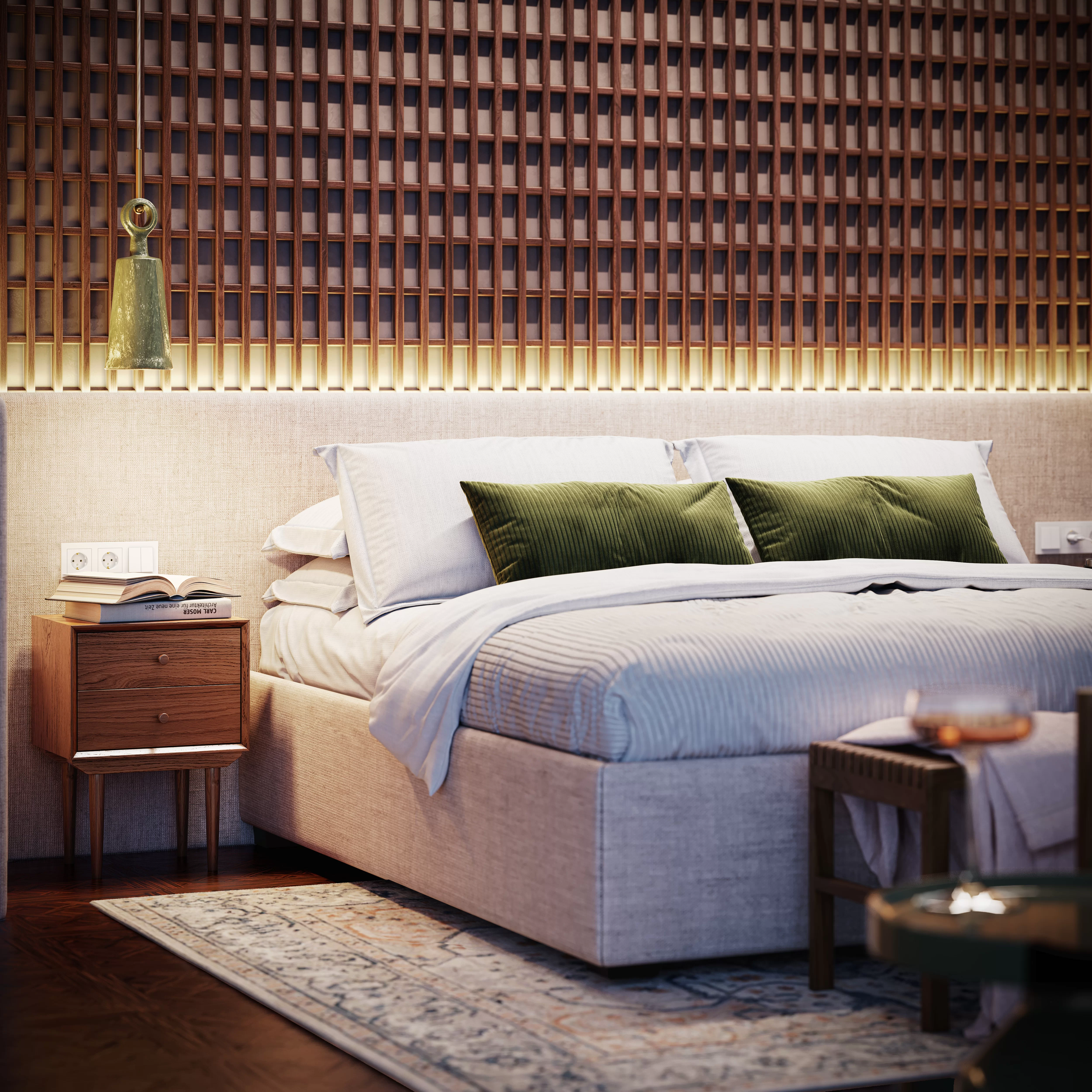 3D rendering of a contemporary bedroom with green pillows, wooden wall panels, and soft lighting