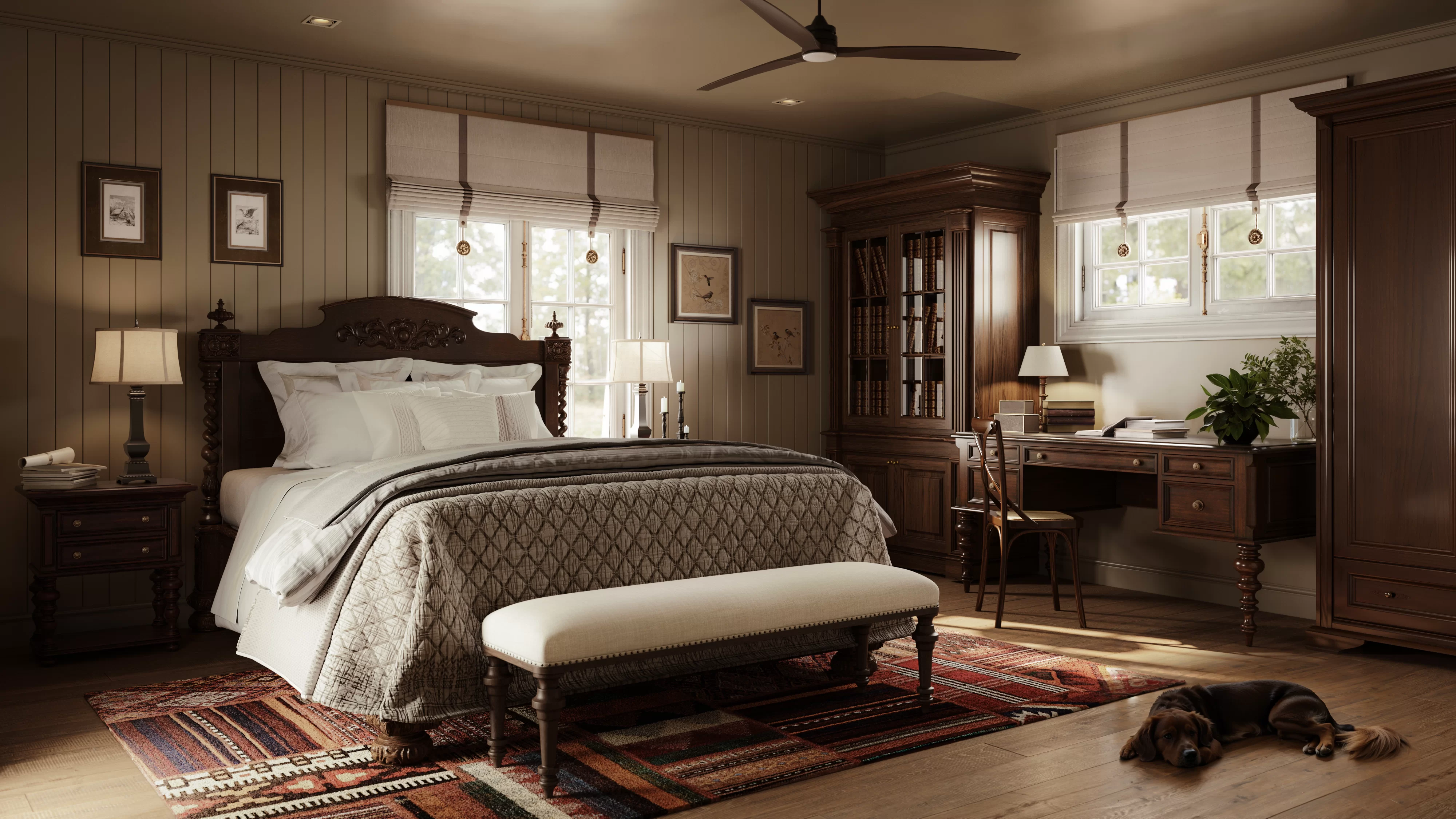 3D rendering of a traditional bedroom with carved wood furniture, patterned textiles, and warm lighting