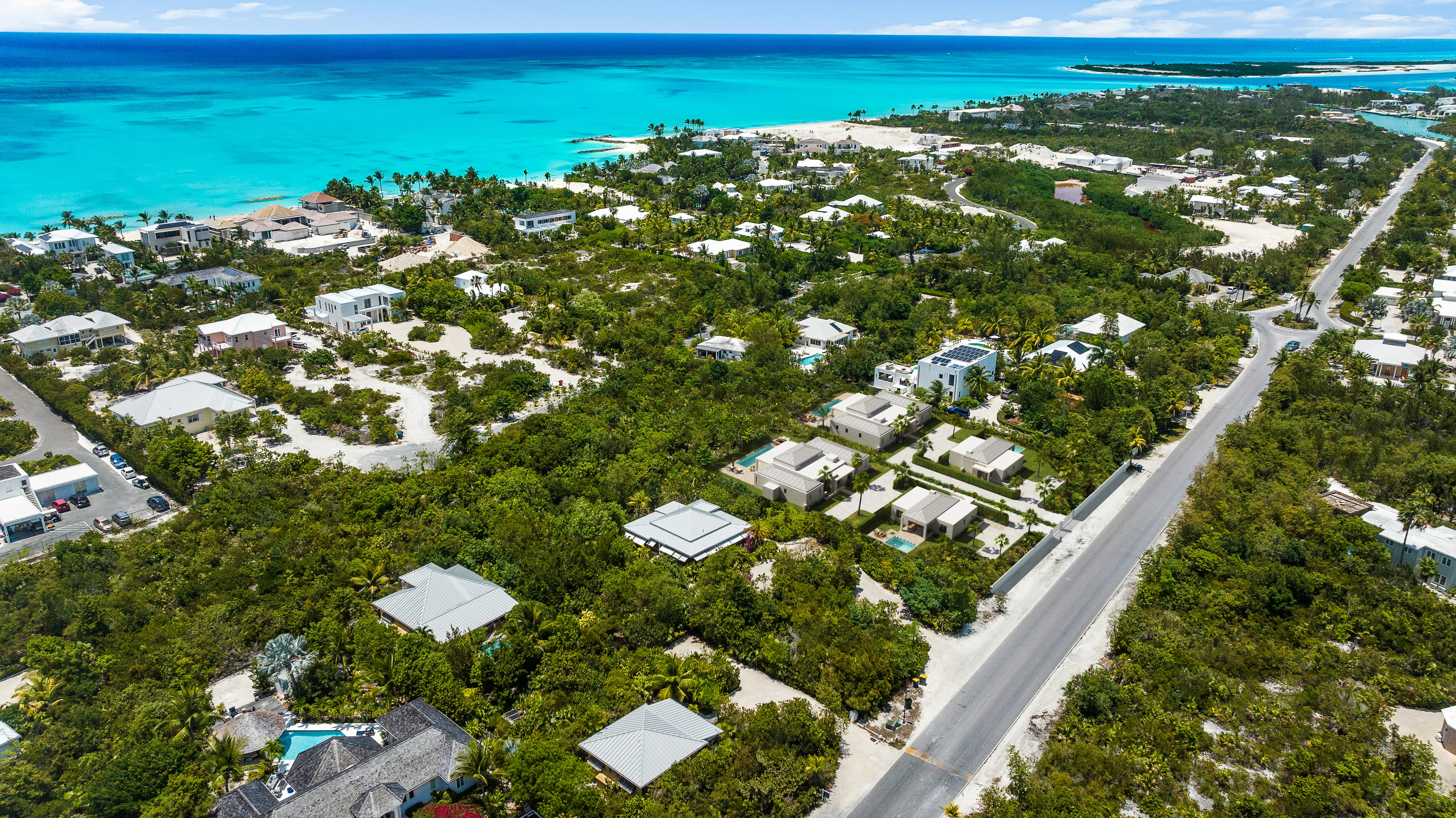3D Graphics visualization of a coastal real estate development with turquoise ocean backdrop