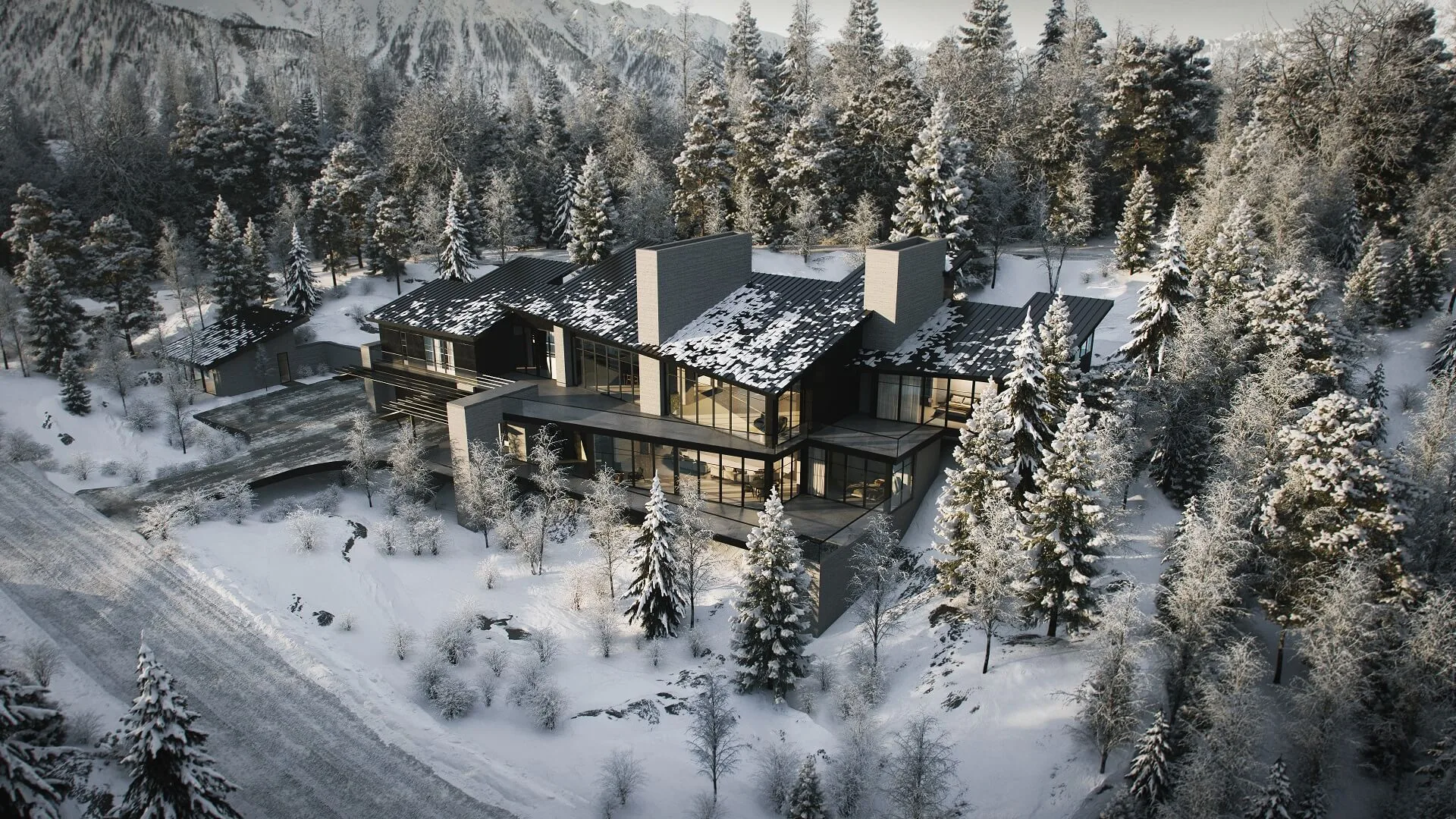3D Graphics visualization of a modern villa surrounded by snowy forest and mountains