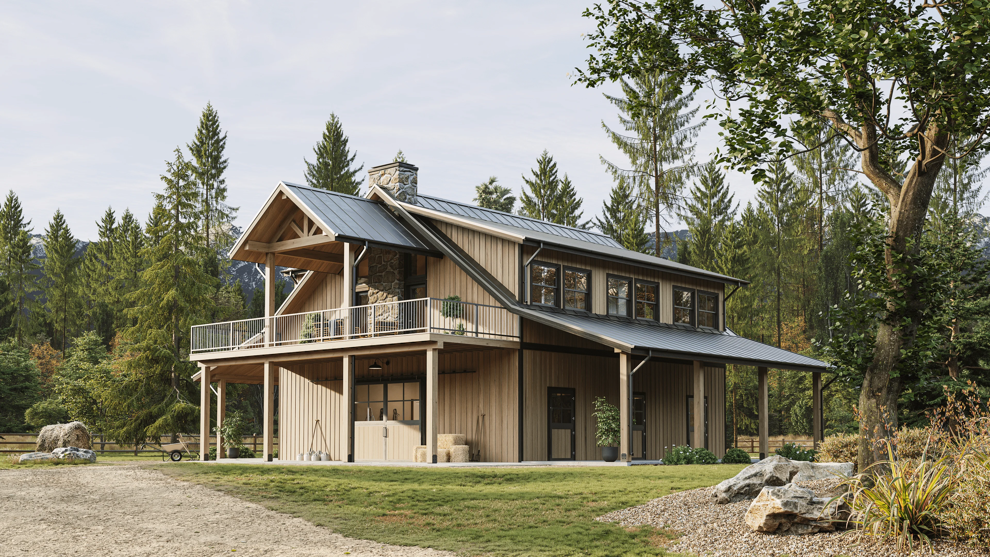 3D Graphics visualization of a wooden rustic house with balcony and pitched roof