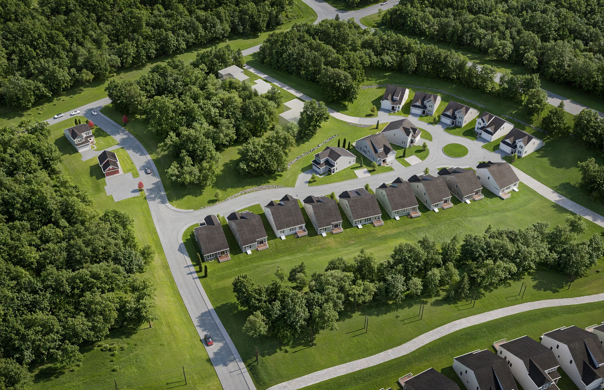 3D exterior rendering of a residential complex in a natural environment