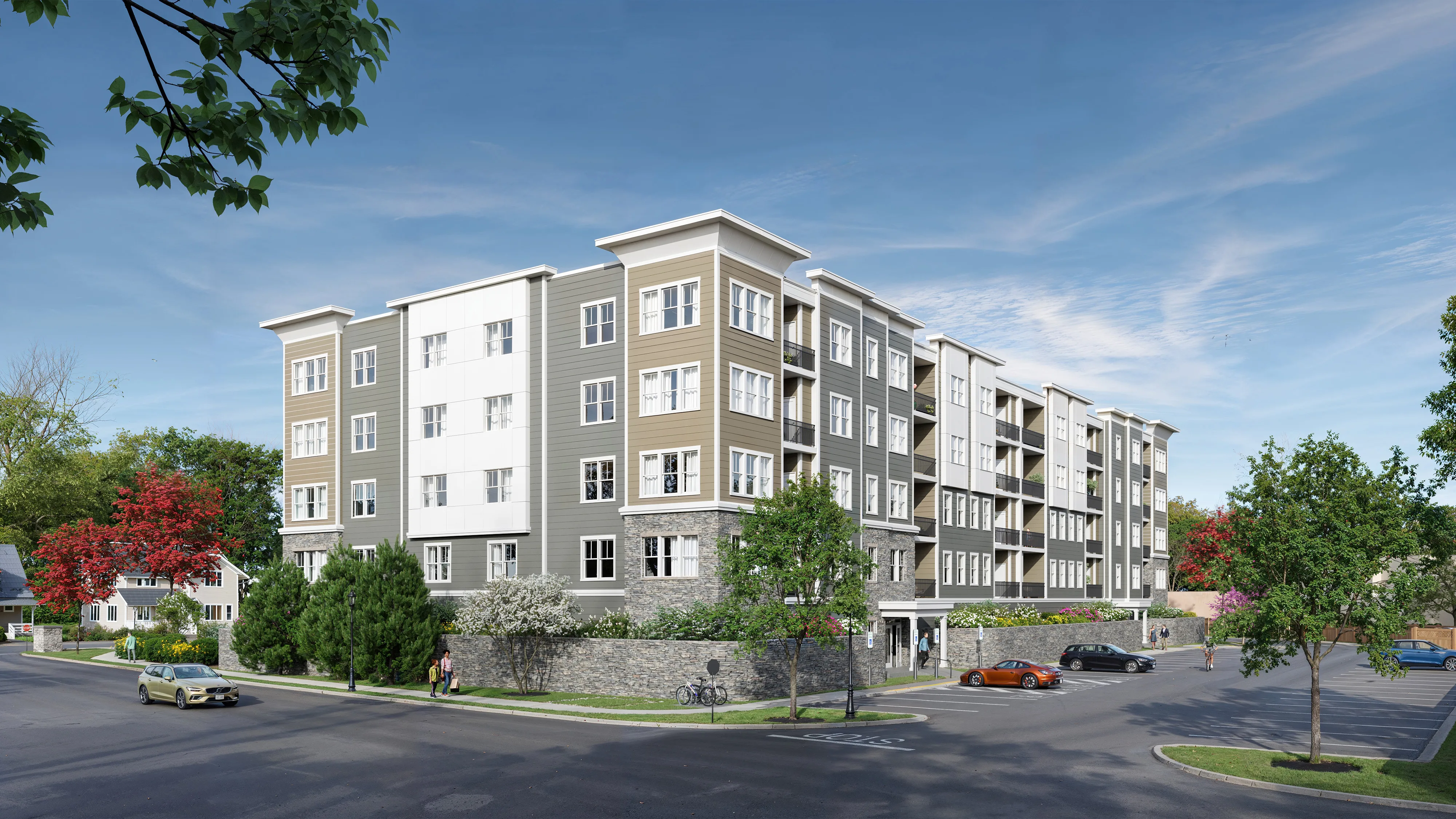 3D exterior rendering properties of a modern apartment building with parking and landscaped surroundings