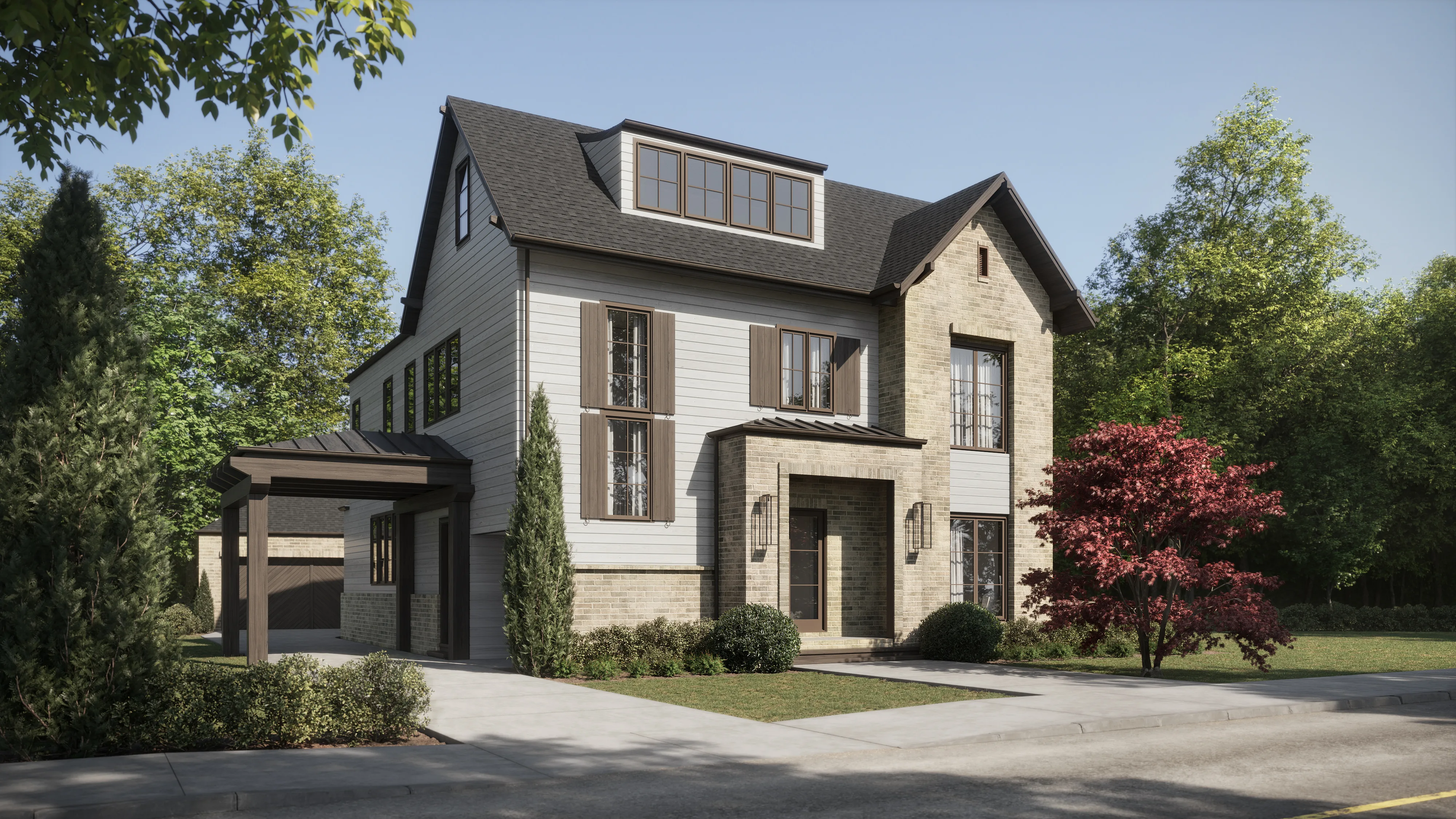 3D exterior rendering of a house highlighting architectural elements with CGI
