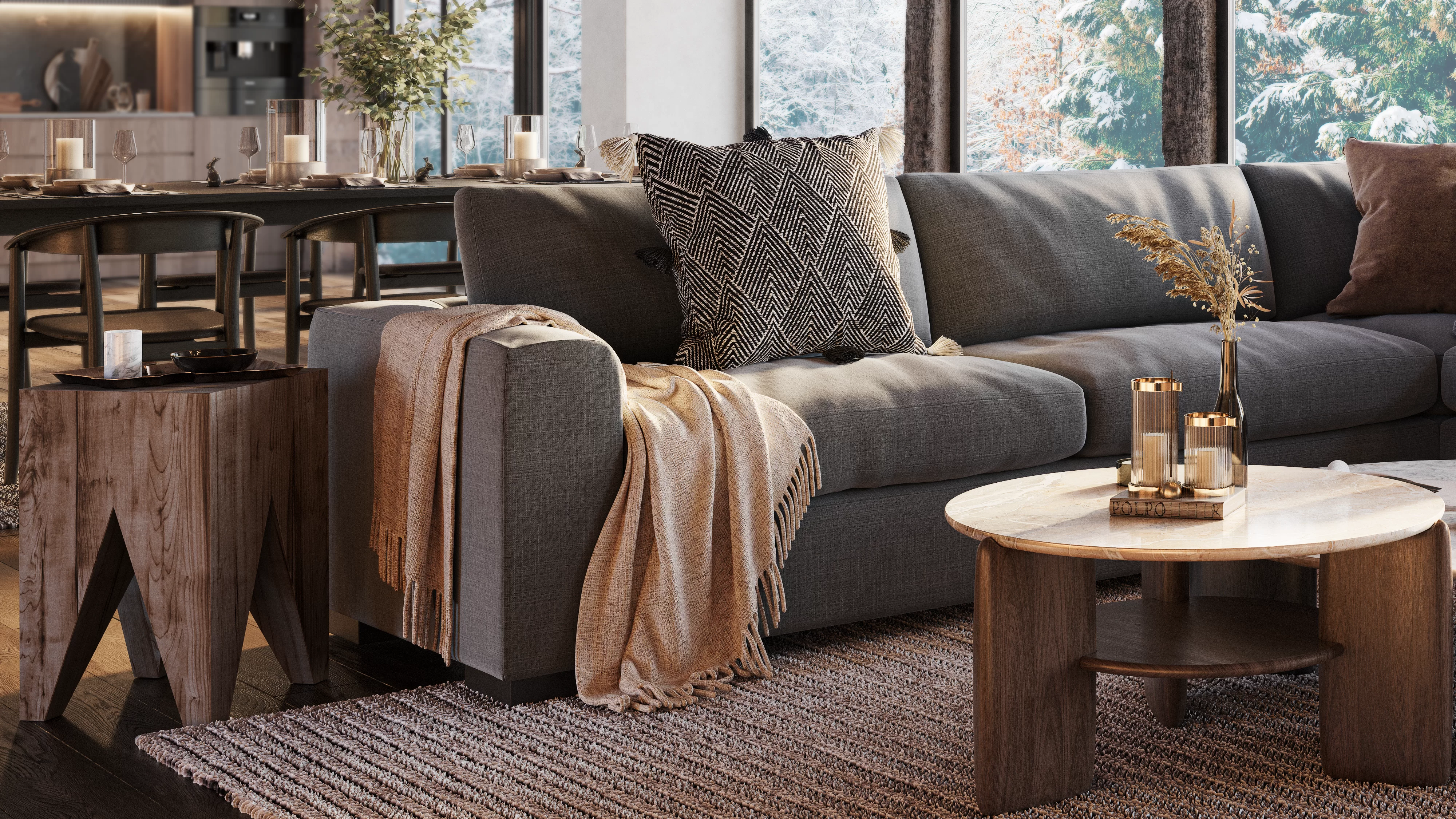 3D visualization of a cozy living room with soft gray sofa, wooden table, and warm lighting