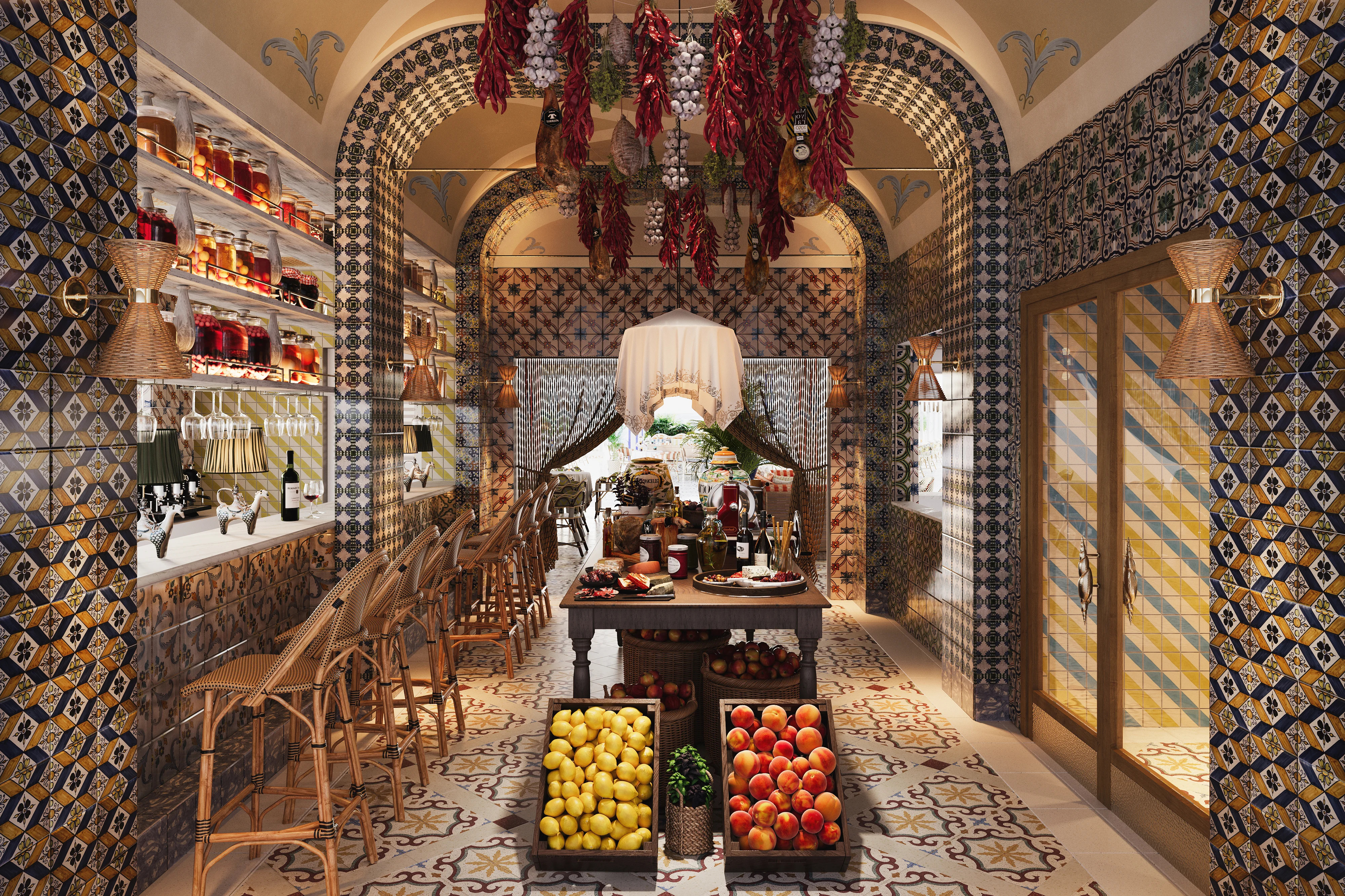 3D visualization of a Mediterranean restaurant interior with patterned tiles, wicker chairs, and fresh produce display