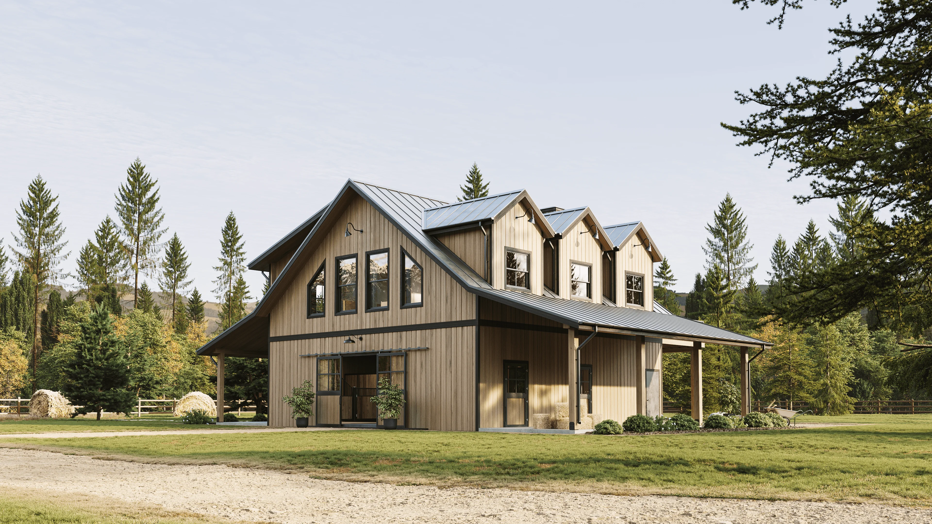 3D Rendering for a barndominium exterior surrounded by greenery