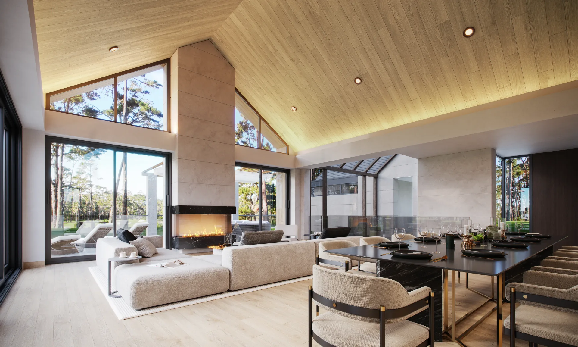 Architectural 3D visualization of a bright living room and dining area with modern furniture and high ceiling