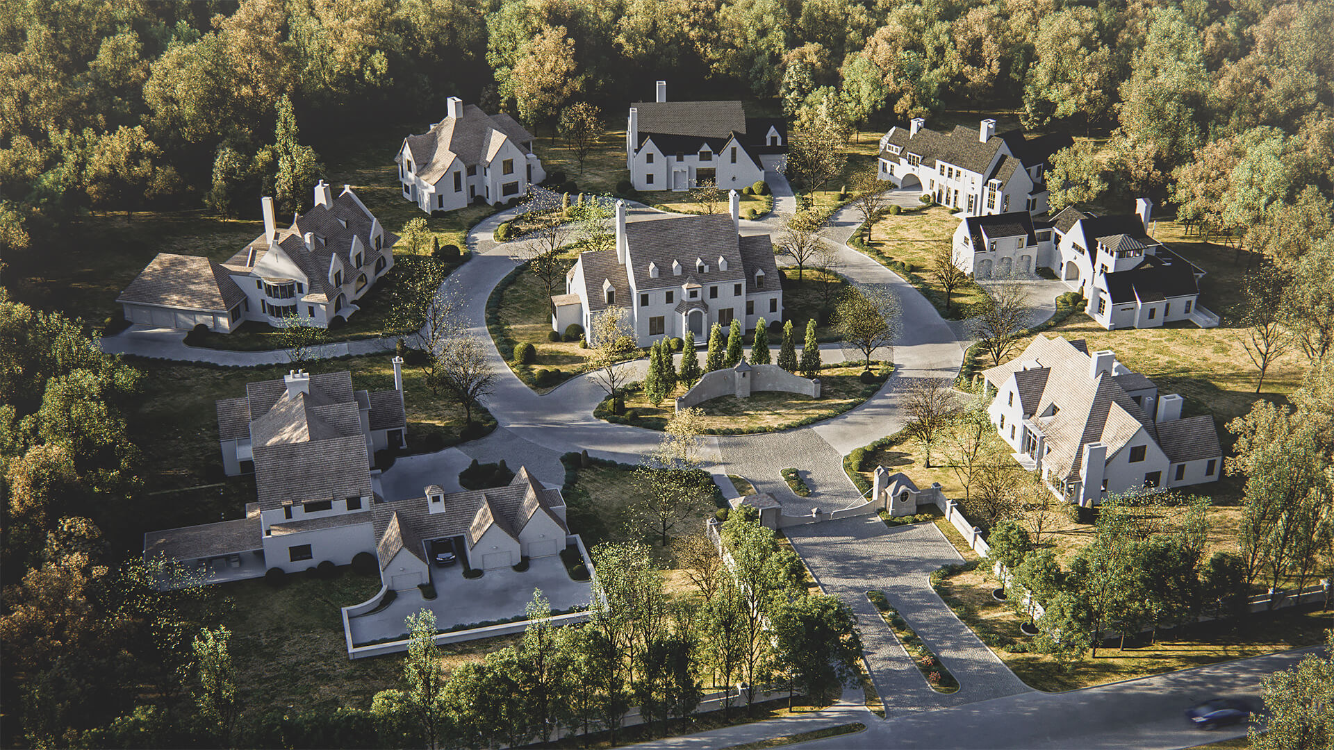Exterior CG Render Featuring Beautiful Rural Area with Country Houses