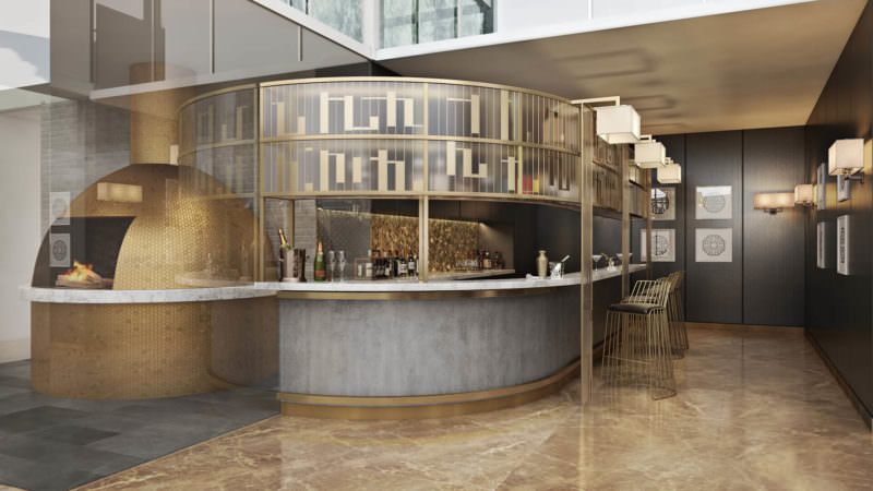 A Beautiful Gray And Golden Bar In Commercial Interior Design Renderings