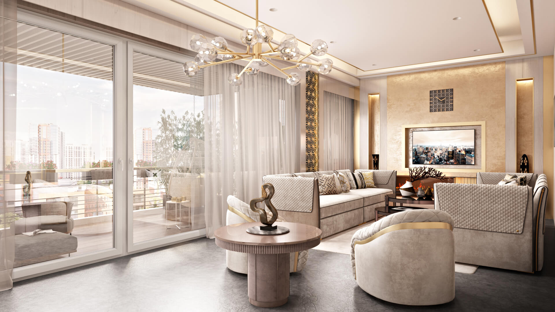 3D Visualization of a Fancy Interior in a Spacious Flat with a Balcony