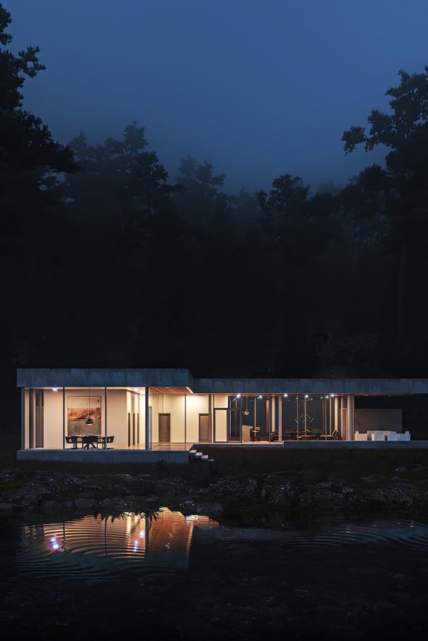 Exterior Rendering for a Glass Villa on the Lake Glass and Concrete Villa Exterior 3D Visualization
