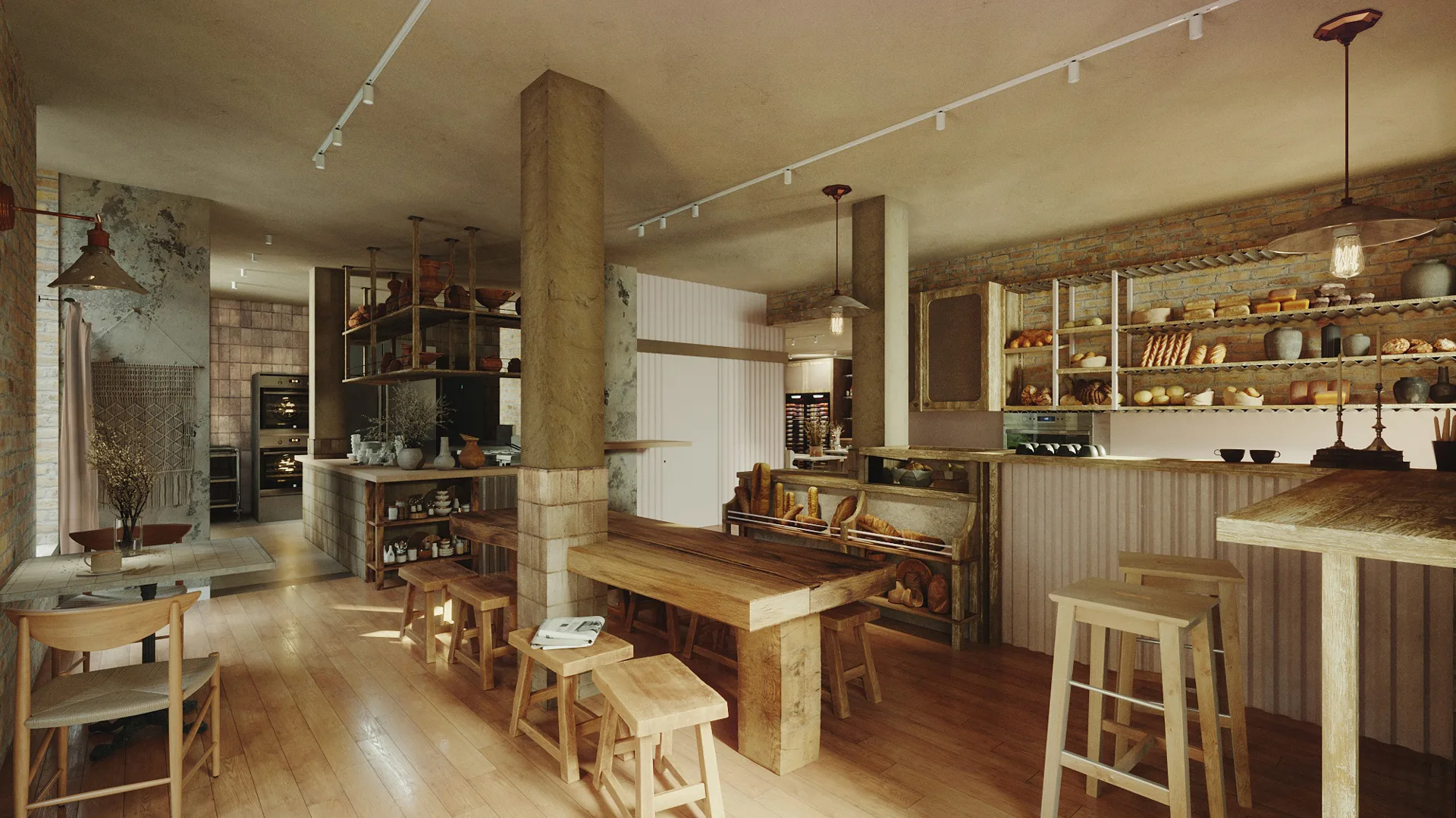 Melbourne retail rendering of a rustic artisan bakery interior with warm lighting and natural wood finishes