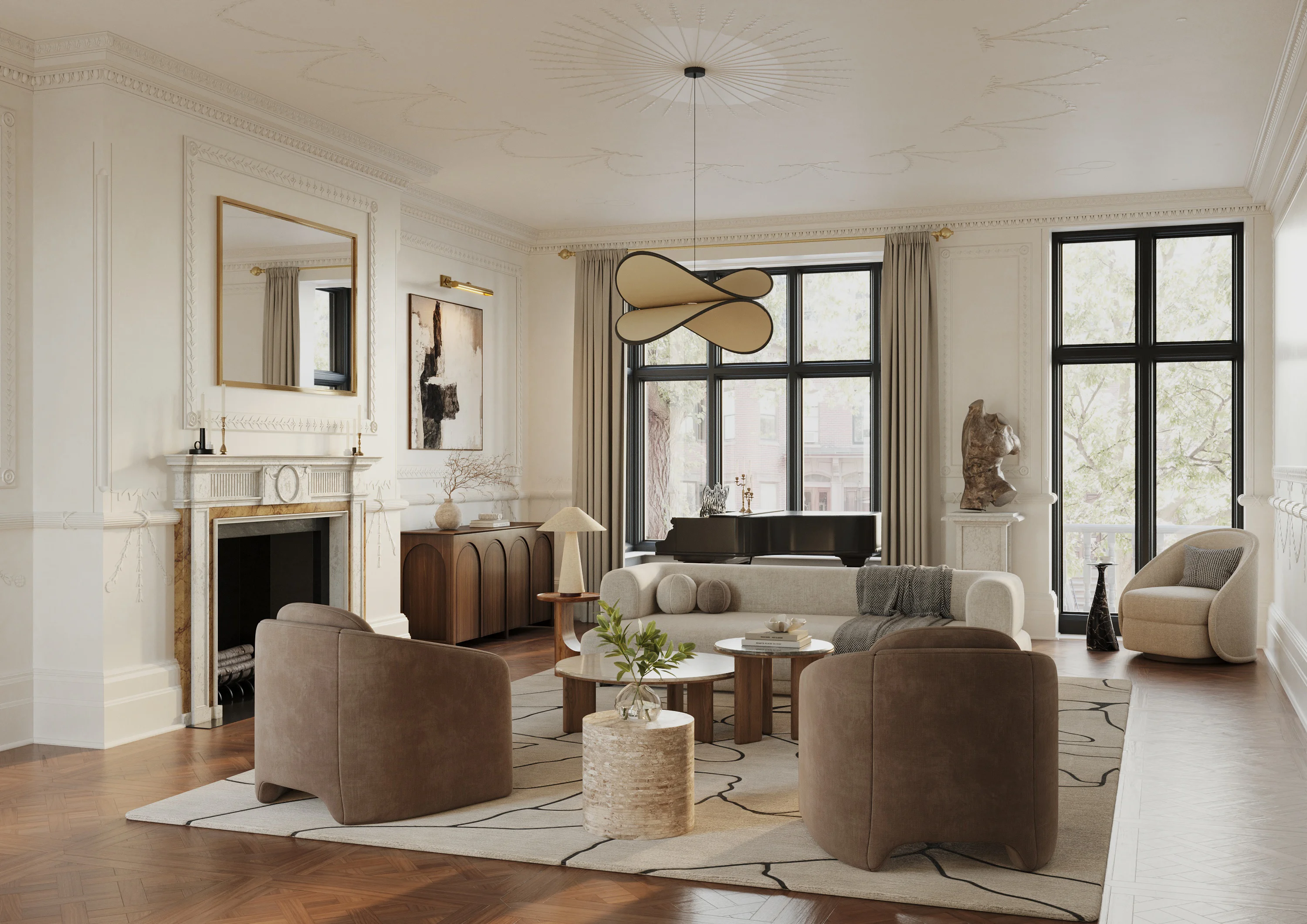 3D visualization of a drawing room with ornate fireplace, large windows, and contemporary furniture