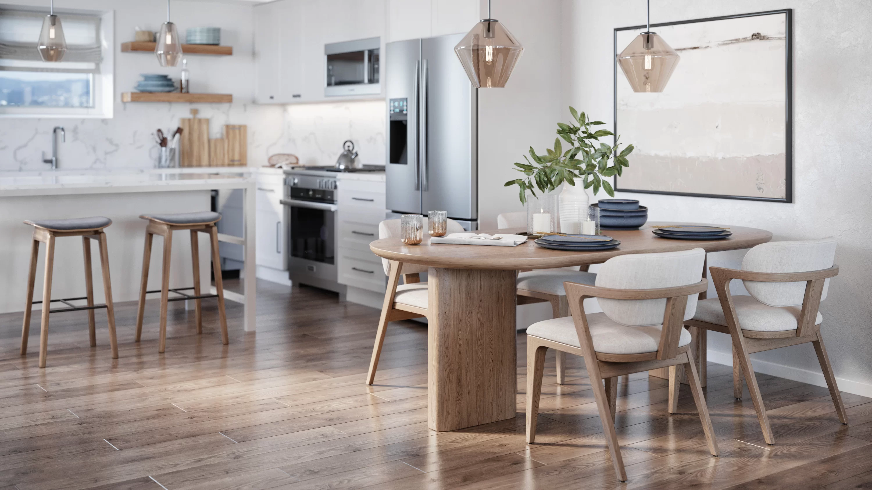 3D visualization of a kitchen and dining area with wooden table, chairs, and modern lighting