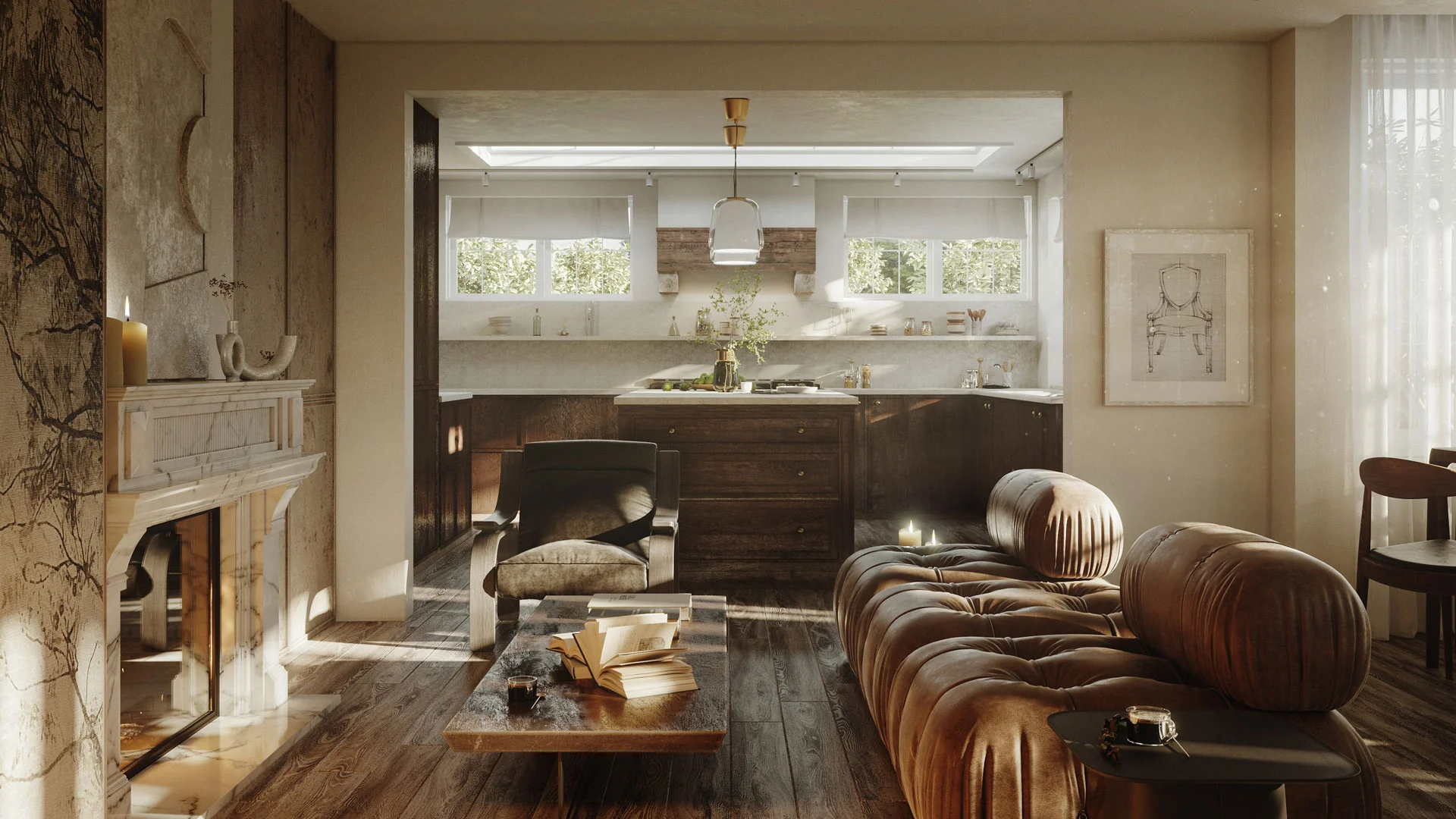 3D visualization of a residential living room with fireplace, dark wood kitchen, and cozy seating