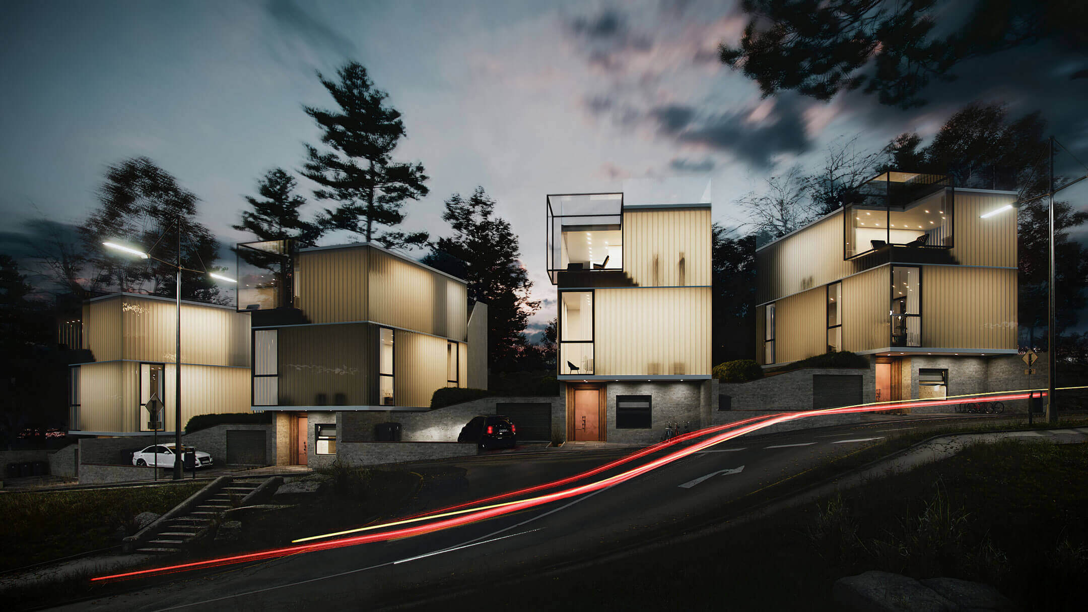 Architectural 3D Rendering Of A Modern Minimalistic Neighbourhood