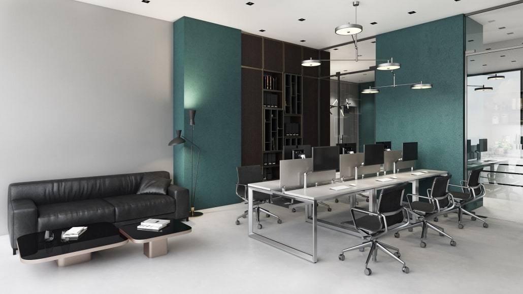 Open Plan Workplace Depicted on 3D Office Space Visualization