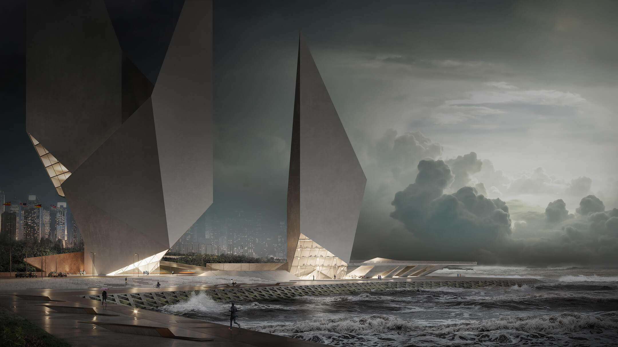 Photoreal Rendering Of An Angular Design Skyscraper During Storm