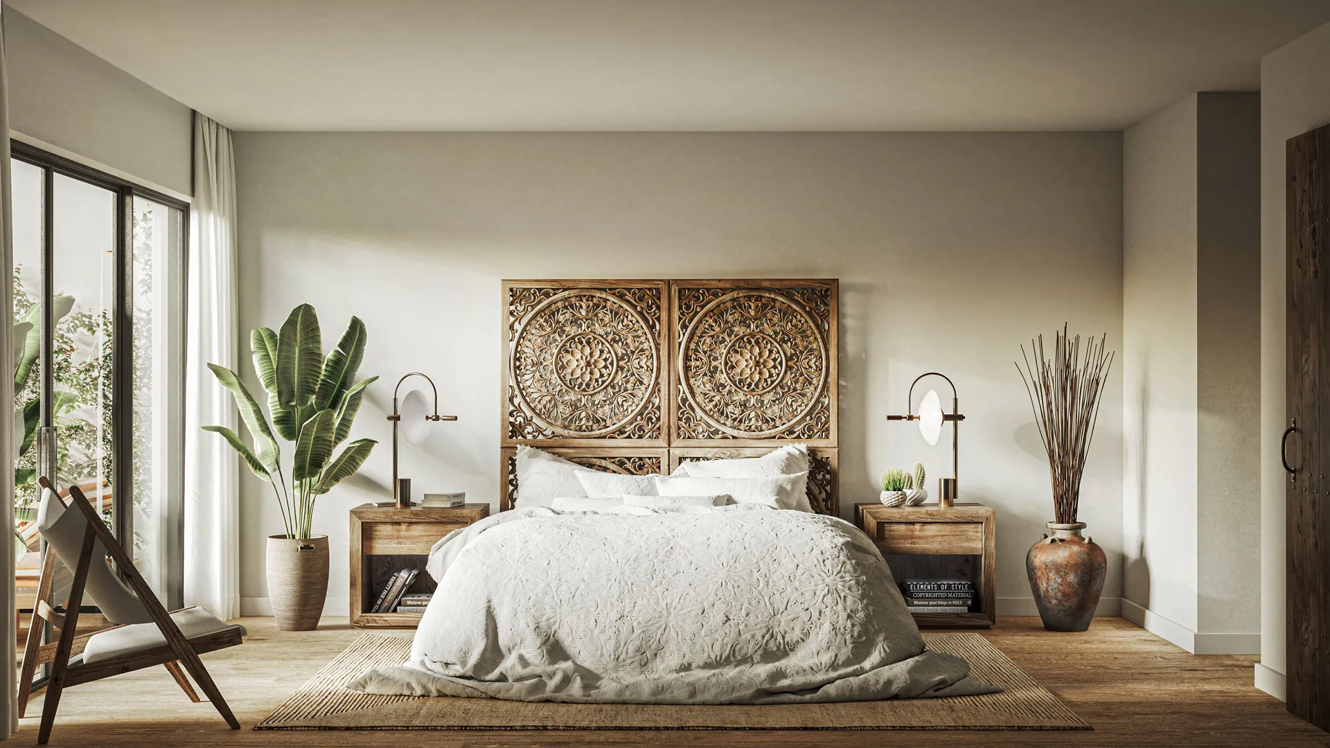 Bedroom 3D rendering with carved wood headboard and natural finishes